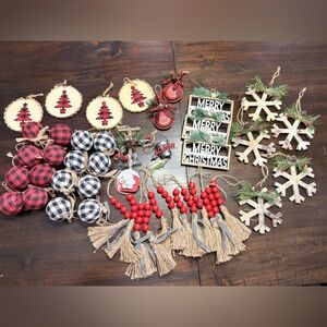 58 pieces Festive Plaid and Wood Holiday Ornament Collection